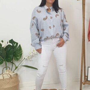 ABSOLU Paris Shirt Top Long Sleeve Button Up Paisley Embroidered Design